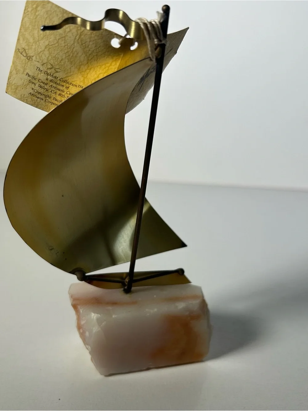 VTG John DeMott Signed Mid Century Brass Sailboat Sculpture Onyx Base 7” W/Tag